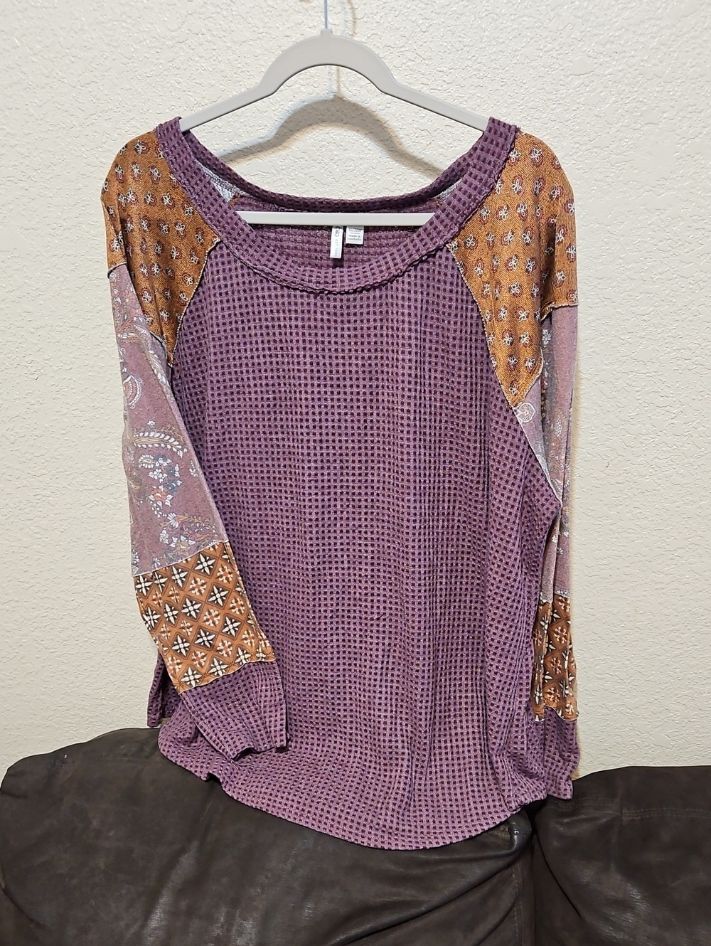 Cato Boho Purple Patchwork Waffle-Knit Long Sleeve Top with Brown Accents